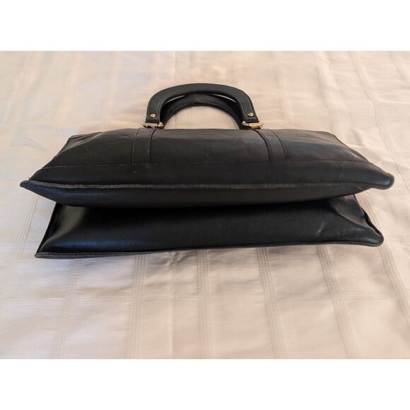 Vintage Black Leather Handbag W/ Gold Accents Womens Classic Career Tote Bag - Picture 3 of 16